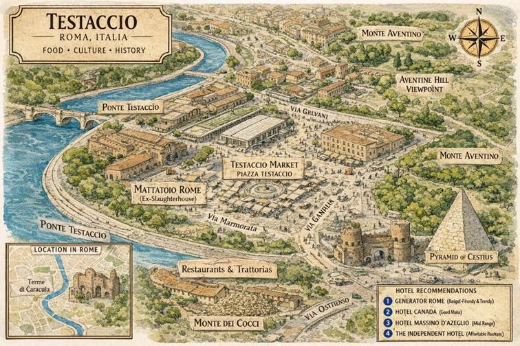 Rustic old map over Testaccio in Rome Italy with the land marks highlighted on the map.