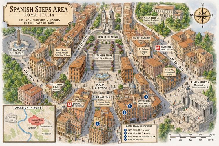 Map over Spanish Steps, Rome Italy, in a rustic look featuring the famous landsmarks over the area.