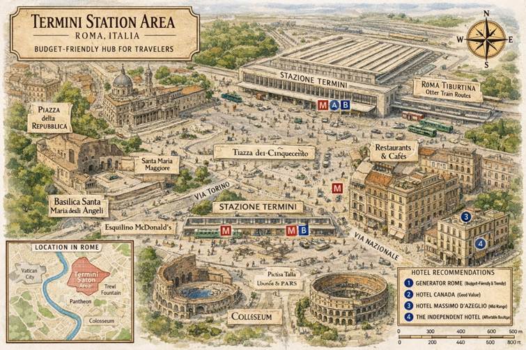 Map over Termini station area in Rome Italy with the landmarks marked over the rustic map.