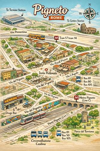 Old rustic map over the Pigneto area in Rome, Italy, with all the streets mapped out.