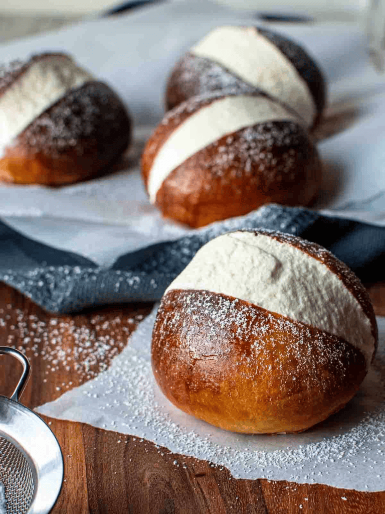 Italian maritozzo on a wooden table with sugar on top.