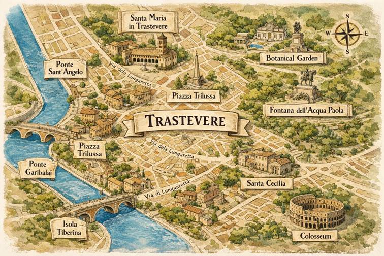 Old map over the area Trastevere in Rome, Italy, with the famous landmarks marked out.
