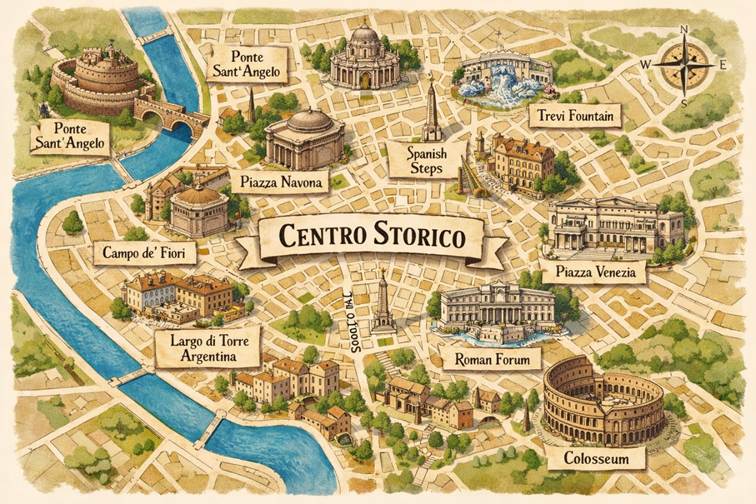 Map over Centro Storico in Rome, Italy, with the famous landmarks highlighted.