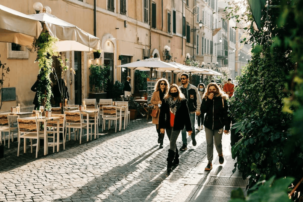 Centro Storico in Rome Italy, featuring locals walking the streets in the morning sun.