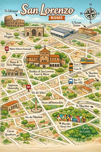 Map over San Lorenzo area in Rome Italy with landmarks marked on the rustic map.