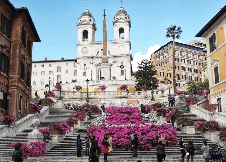 Spring i Rome, colorful flowers over the steps.