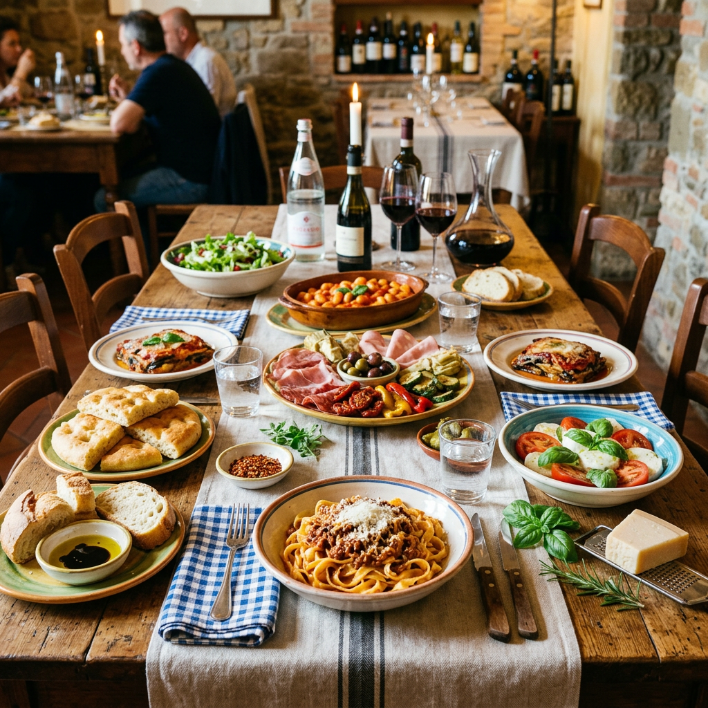 Rustic wooden table set with Italian cuisine including pasta, salad, bread, antipasto, wine, and water glasses in a cozy restaurant.