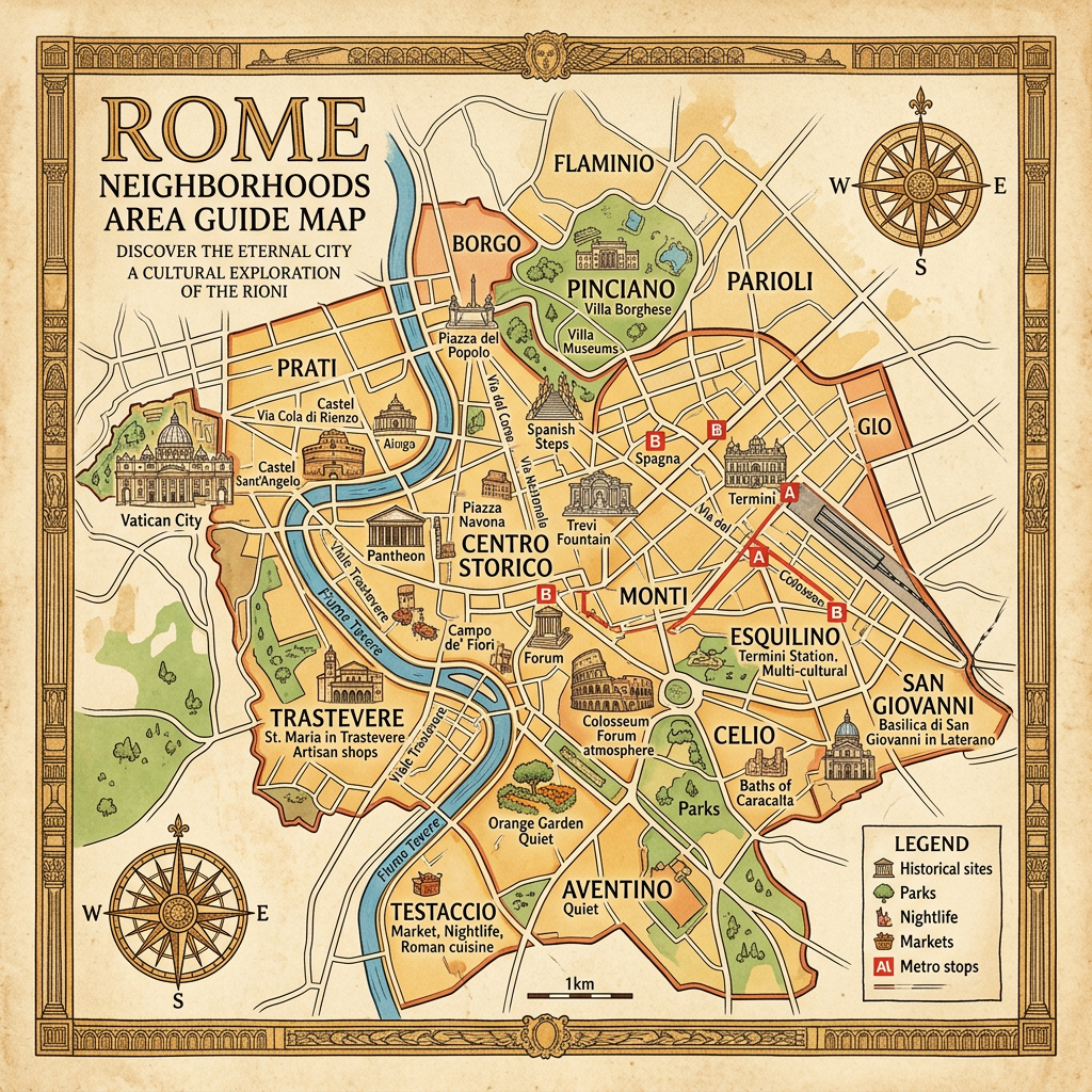 Illustrated map of Rome neighborhoods, landmarks, parks, and metro stops